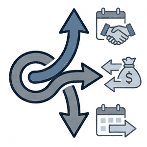 Flussdiagramm mit einer zentralen Schleife und drei nach außen gerichteten Pfeilen zu Symbolen für Besprechungen, Finanzen und Terminplanung (Händedruck, Geldsack, Kalender).
