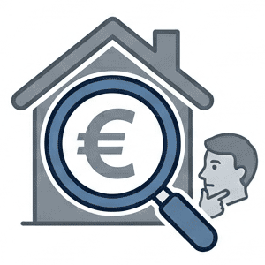 Ein Haus mit einer Lupe über einem Euro-Symbol und einem nachdenkenden Mann – dies steht für die Suche nach Hypotheken oder Immobilienpreisen bzw. die Überprüfung der Finanzen.