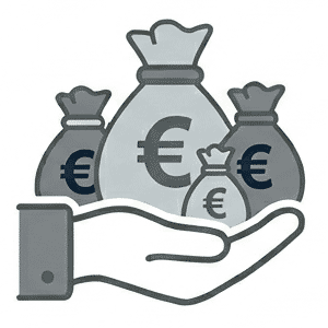Eine offene Hand, die drei Euro-Geldsäcke hält, als Symbol für finanzielle Unterstützung oder Förderung.