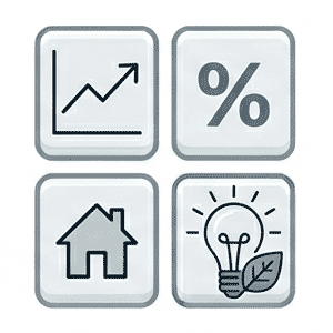 Vier graue Symbole in abgerundeter Quadratform: ein aufsteigendes Liniendiagramm, ein Prozentzeichen, der Umriss eines Hauses und eine Glühbirne mit einem Blatt (Öko/Idee).