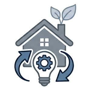 Illustration eines Hauses mit einer Glühbirne und einem Zahnrad, umrandet von Pfeilen, die auf die Energieeffizienz im Haushalt hinweisen.