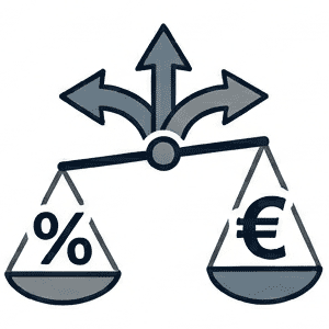 Waage mit Prozentzeichen in der einen und Eurozeichen in der anderen Schale.