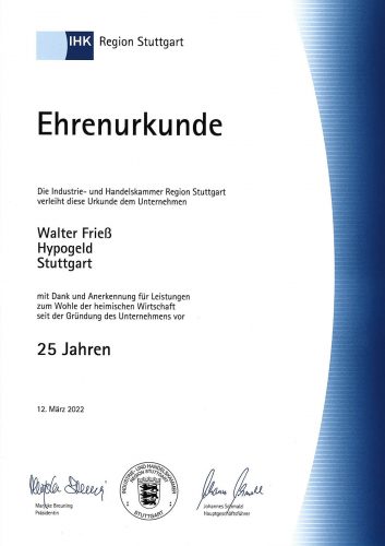 Ehrenurkunde der IHK Region Stuttgart mit Namensnennung Walter Frieß, 25 Jahre Betriebszugehörigkeit, Stuttgart